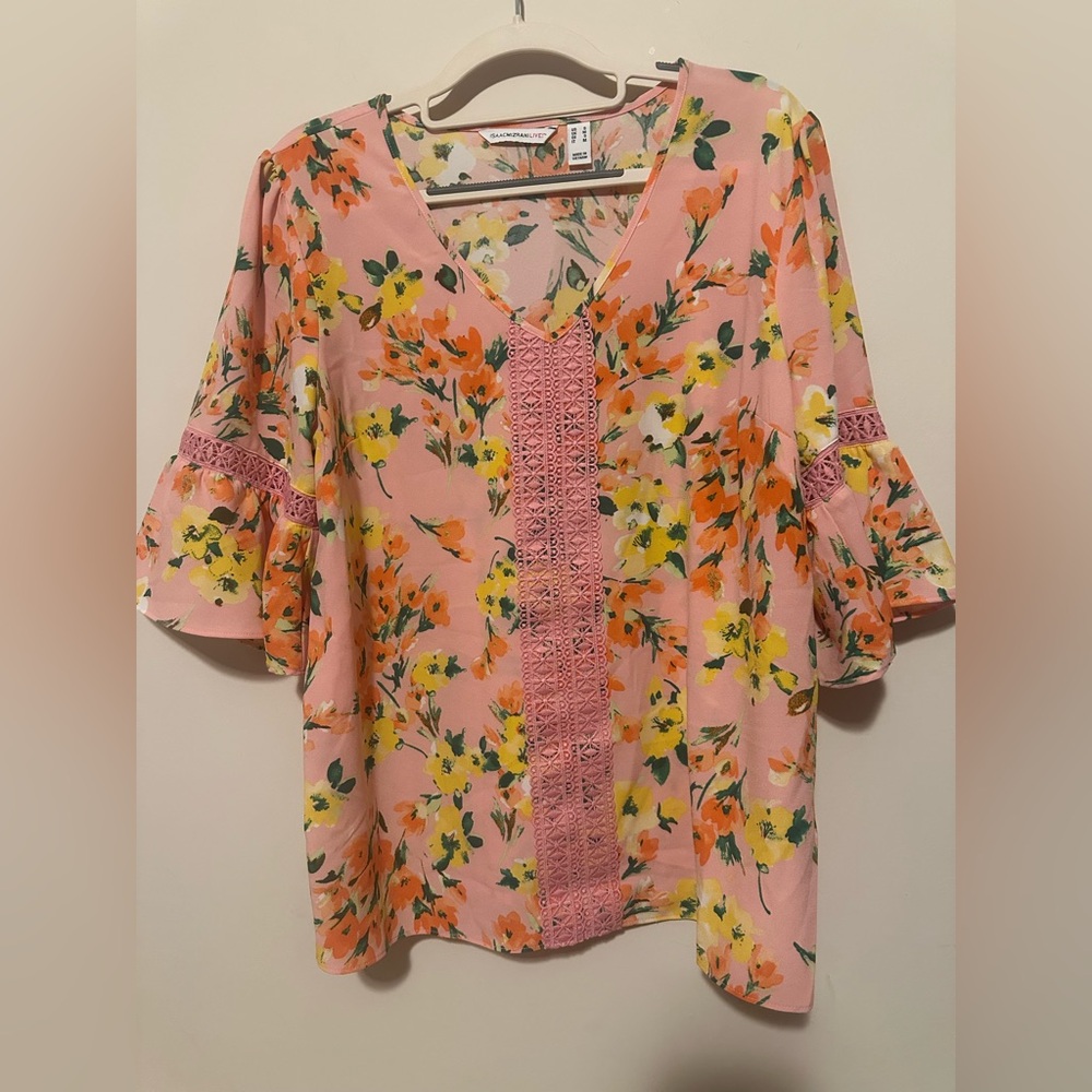 Isaac Mizrahi Pink Floral Blouse with Crochet Accents
